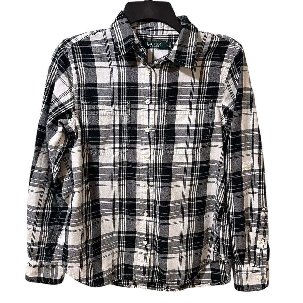 LAUREN Ralph Lauren 100% cotton black & white plaid button up flannel sz Medium